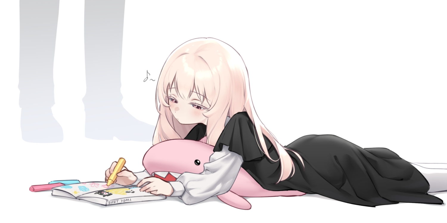 ass, blonde_hair, blush, book, loli, long_hair, male, music, nun, original, pink_eyes, signed, svet_yomi, thighhighs, white