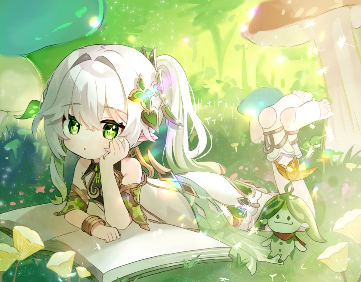 barefoot, blush, book, dress, flowers, genshin_impact, grass, green_eyes