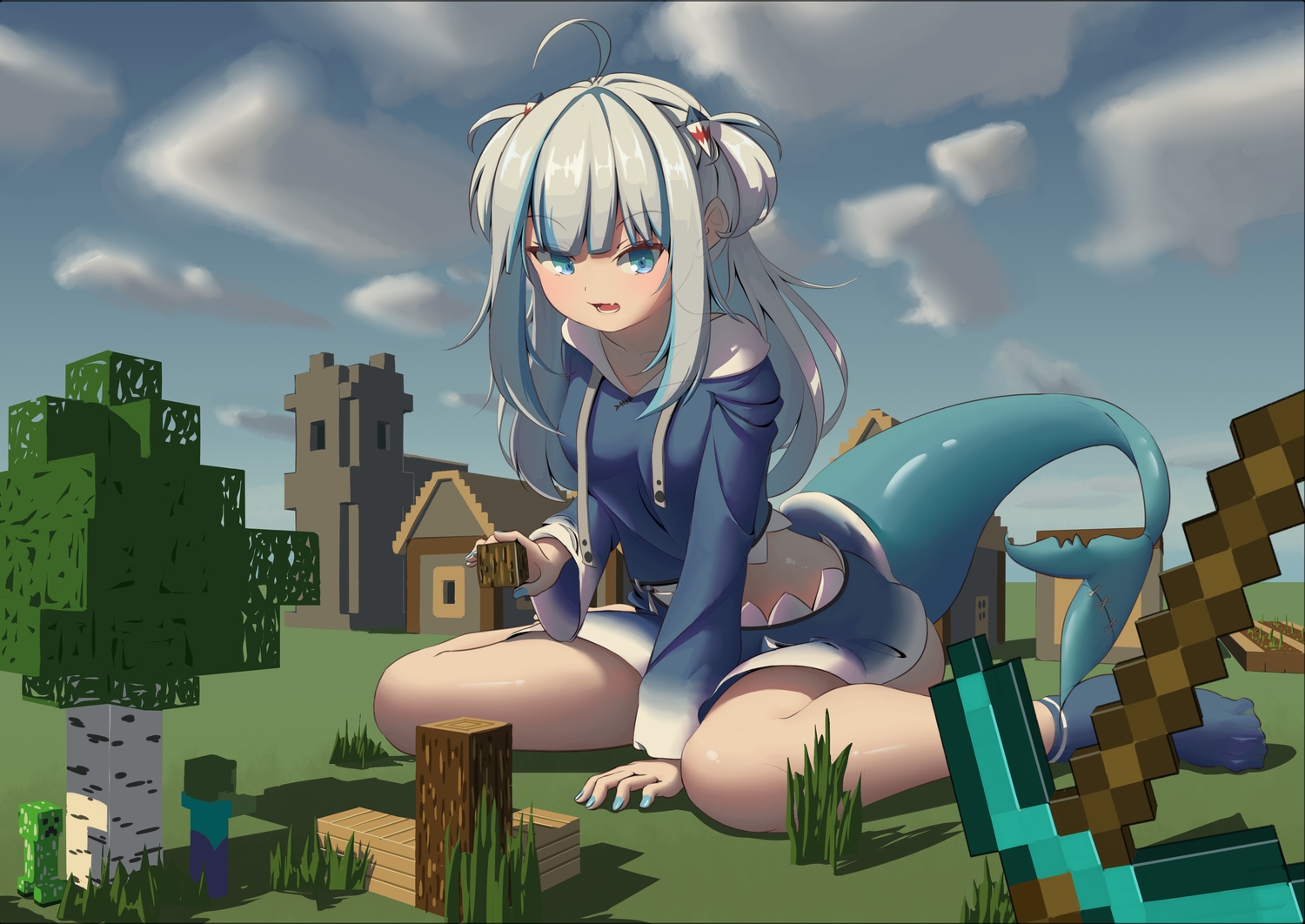aqua_eyes, building, cat_smile, clouds, creeper, fang, gawr_gura, grass, gray_hair, hololive, hood, long_hair, minecraft, sky, socks, tail, tenroy, tree, zombie_(minecraft)