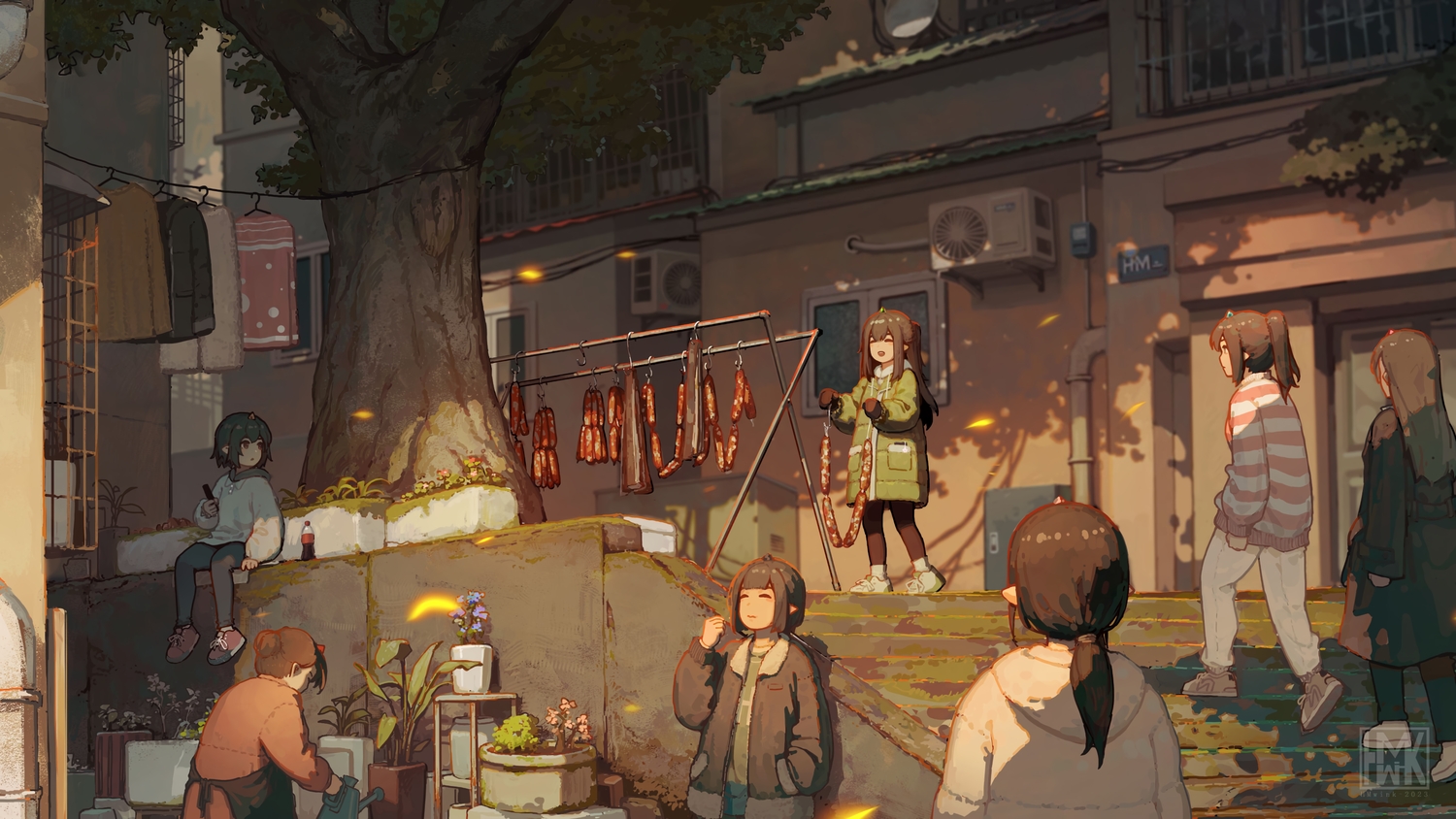 apron, black_hair, brown_hair, building, city, drink, flowers, food