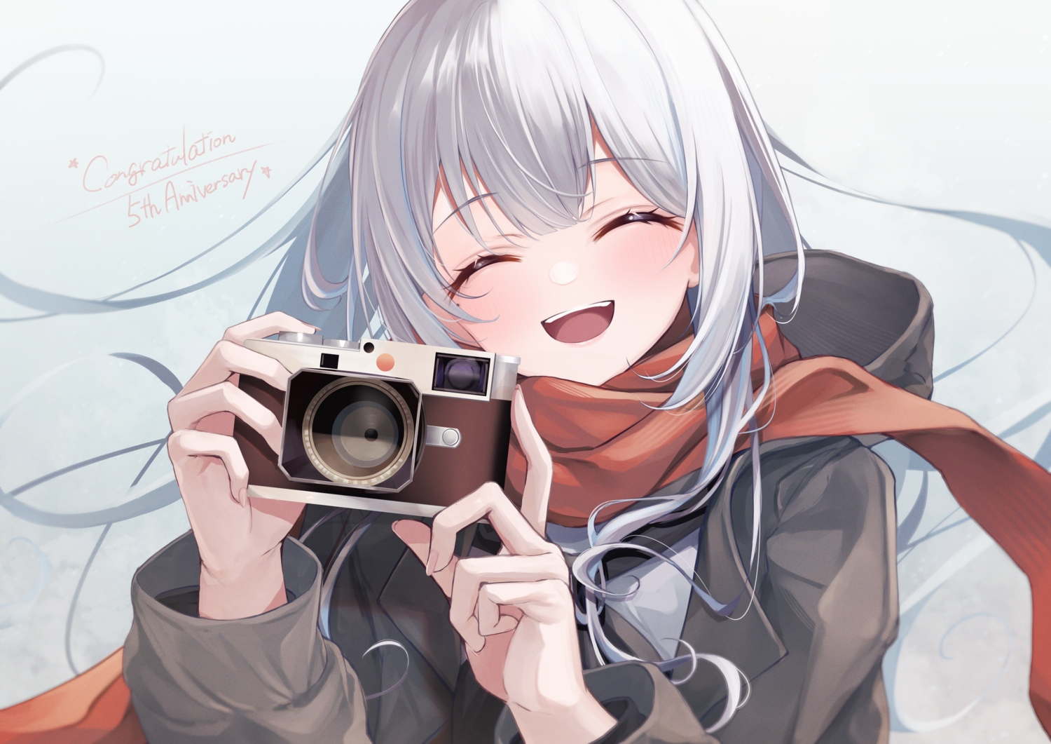 blush, camera, close, gray_hair, hood, horo_27, kaga_sumire, long_hair