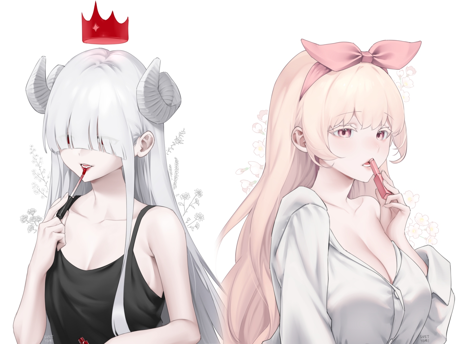 2girls, blonde_hair, breasts, cleavage, close, crown, halo, headband