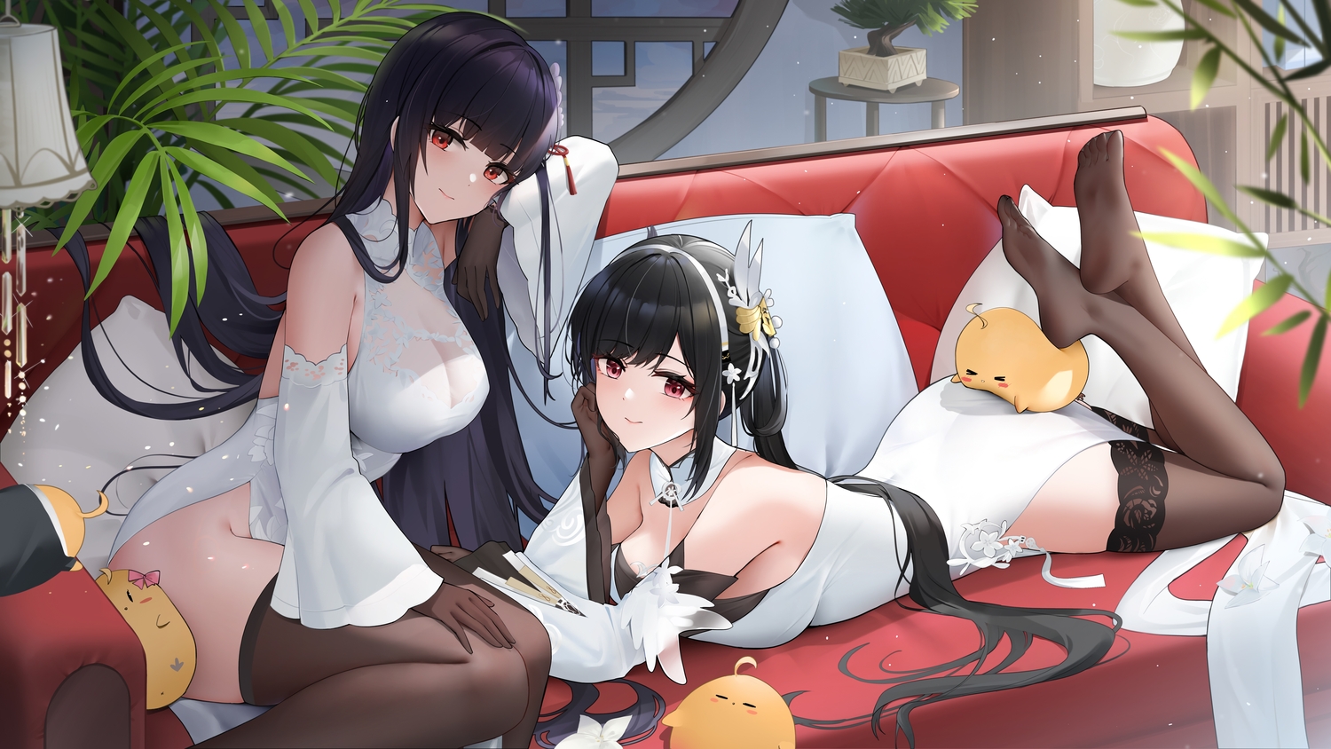 2girls, animal, animal_ears, anthropomorphism, ass, azur_lane, barefoot, bird