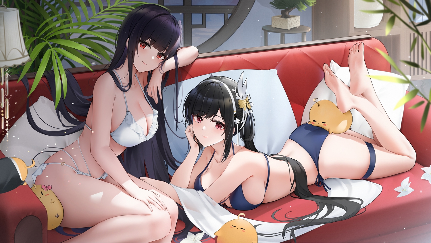 2girls, animal, animal_ears, anthropomorphism, ass, azur_lane, barefoot, bikini