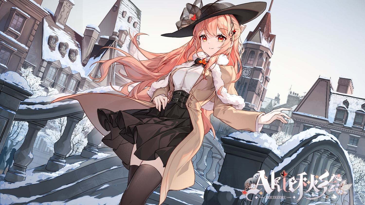 akie_(vtuber), building, cape, city, hat, indie_virtual_youtuber, logo, long_hair, orange_hair, qianze_chia, red_eyes, shirt, skirt, sky, snow, thighhighs, winter