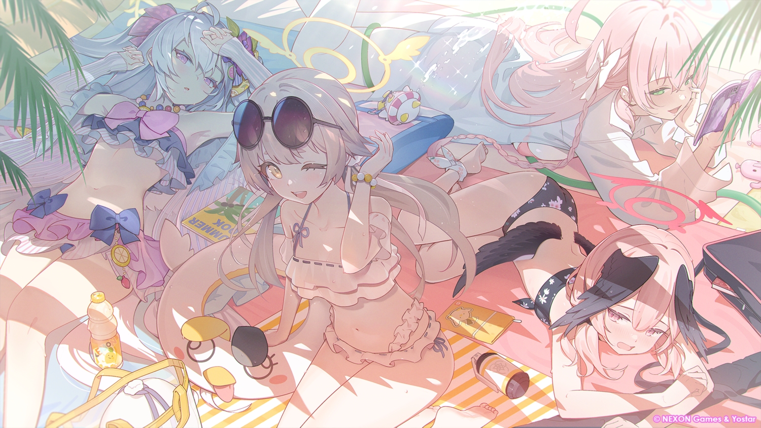 ajitani_hifumi, aliasing, ass, bikini, blue_archive, blush, book, bow, braids, breasts, brown_eyes, drink, flat_chest, gray_hair, green_eyes, group, long_hair, pink_hair, purple_eyes, shade, shazhiqiao, shimoe_koharu, shirasu_azusa, short_hair, skirt, sunglasses, swimsuit, tree, urawa_hanako, wings