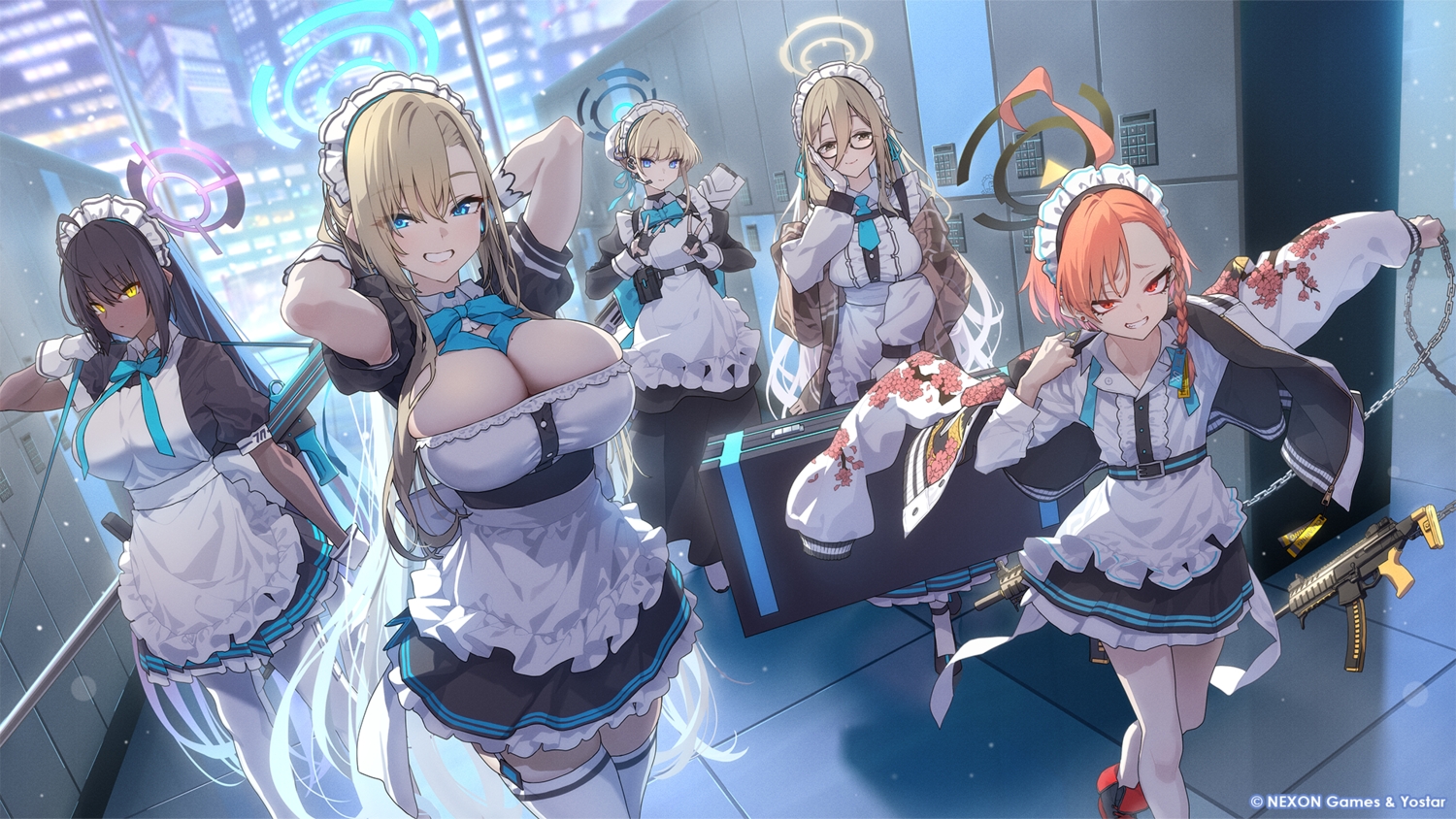 apron, aqua_eyes, asuma_toki, baffu, black_hair, blonde_hair, blue_archive, blue_eyes, braids, breasts, brown_eyes, building, city, cleavage, dark_skin, gloves, group, gun, halo, headdress, hood, ichinose_asuna, kakudate_karin, long_hair, maid, mikamo_neru, murokasa_akane, night, pantyhose, red_eyes, short_hair, tail, thighhighs, watermark, weapon, yellow_eyes