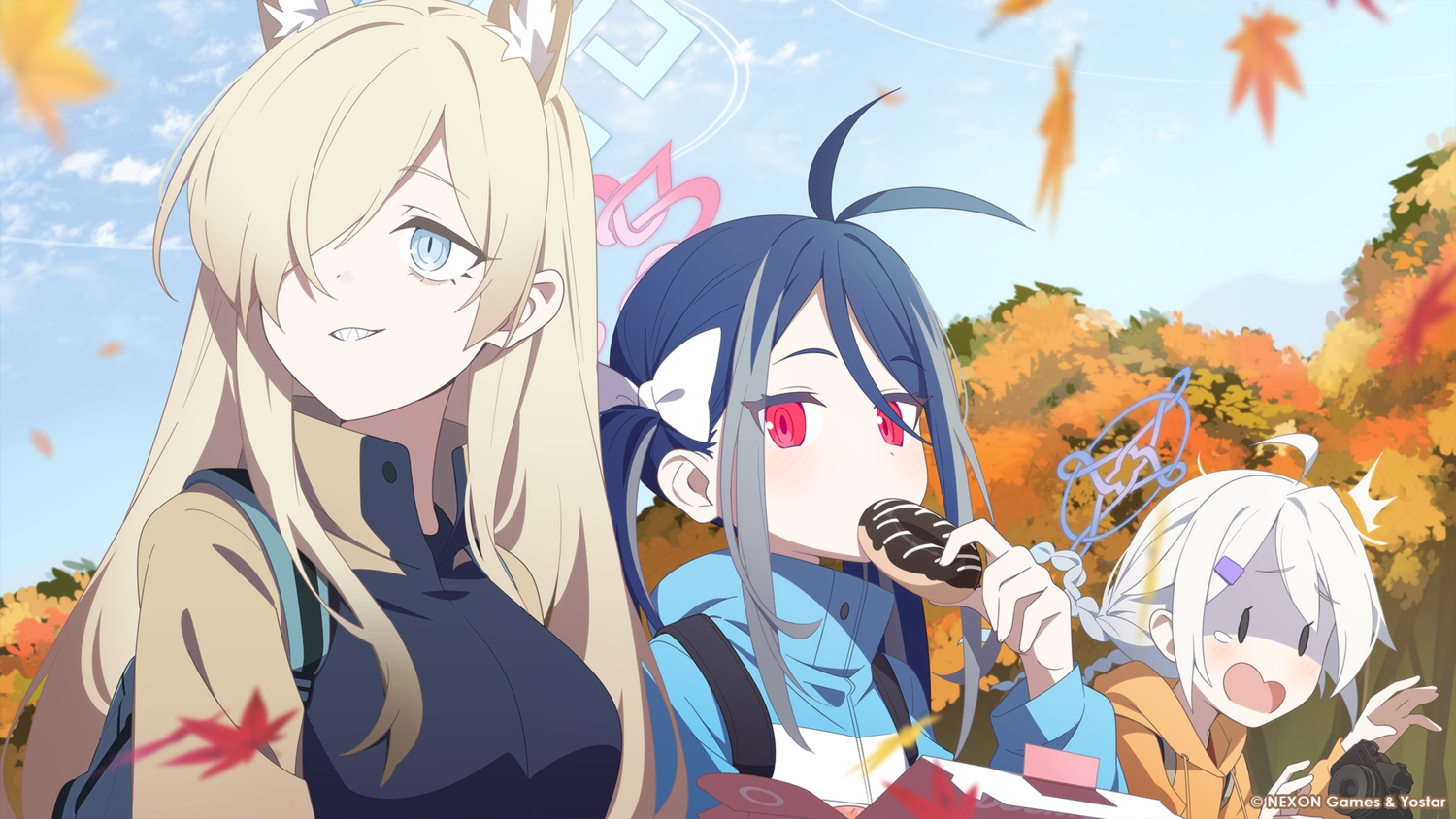 animal_ears, autumn, blonde_hair, blue_archive, blue_eyes, blue_hair, blush, braids, breasts, camera, clouds, doggirl, food, gray_hair, halo, hood, leaves, long_hair, nakatsukasa_kirino, nemugaki_fubuki, ogata_kanna, red_eyes, short_hair, sky, supershiruco, tree, watermark