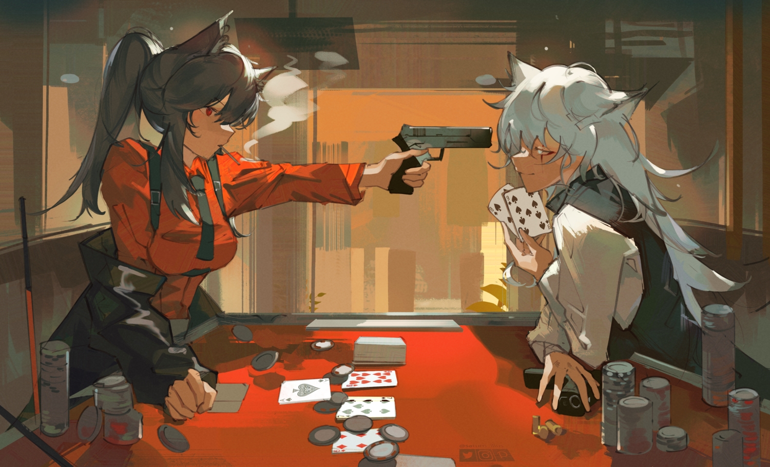 2girls, animal_ears, arknights, black_hair, cigarette, cmdr_saturn, gray_eyes, gray_hair