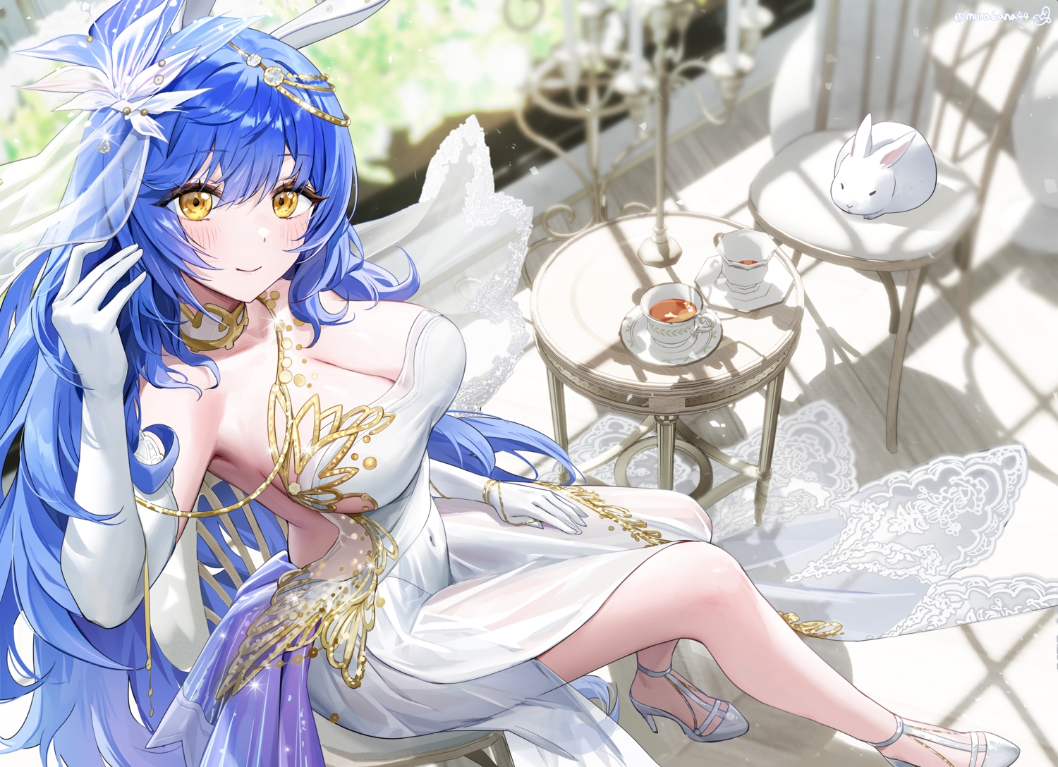 animal, anthropomorphism, blue_hair, blush, breasts, choker, cleavage, dress