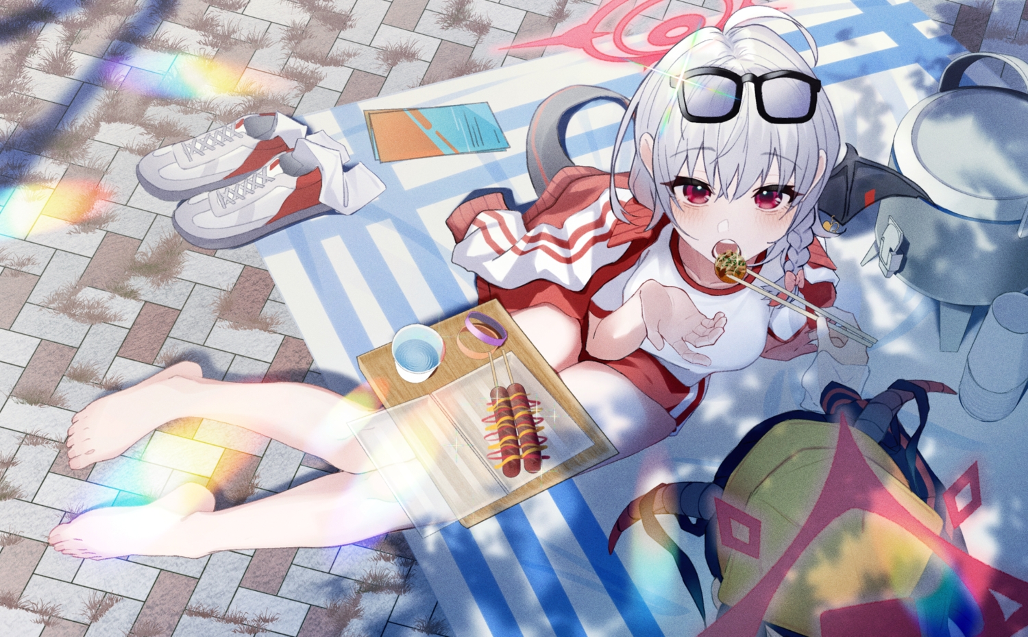 2girls, aikiyo_fuuka, anohito401, barefoot, black_hair, blue_archive, blush, braids