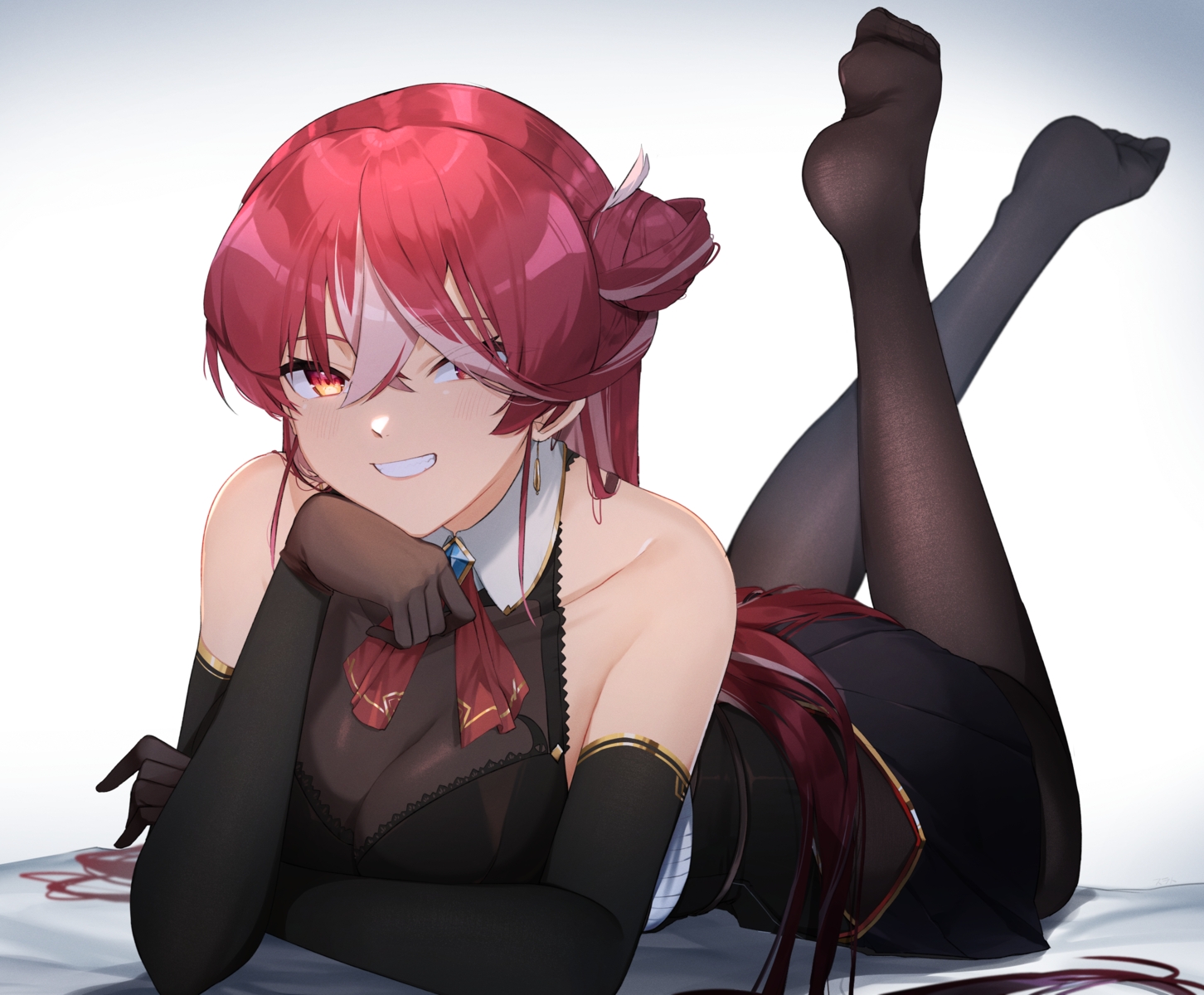 bed, bicolored_eyes, blush, breasts, cleavage, elbow_gloves, gloves, hololive, houshou_marine, long_hair, pantyhose, red_hair, see_through, skirt, surato, white