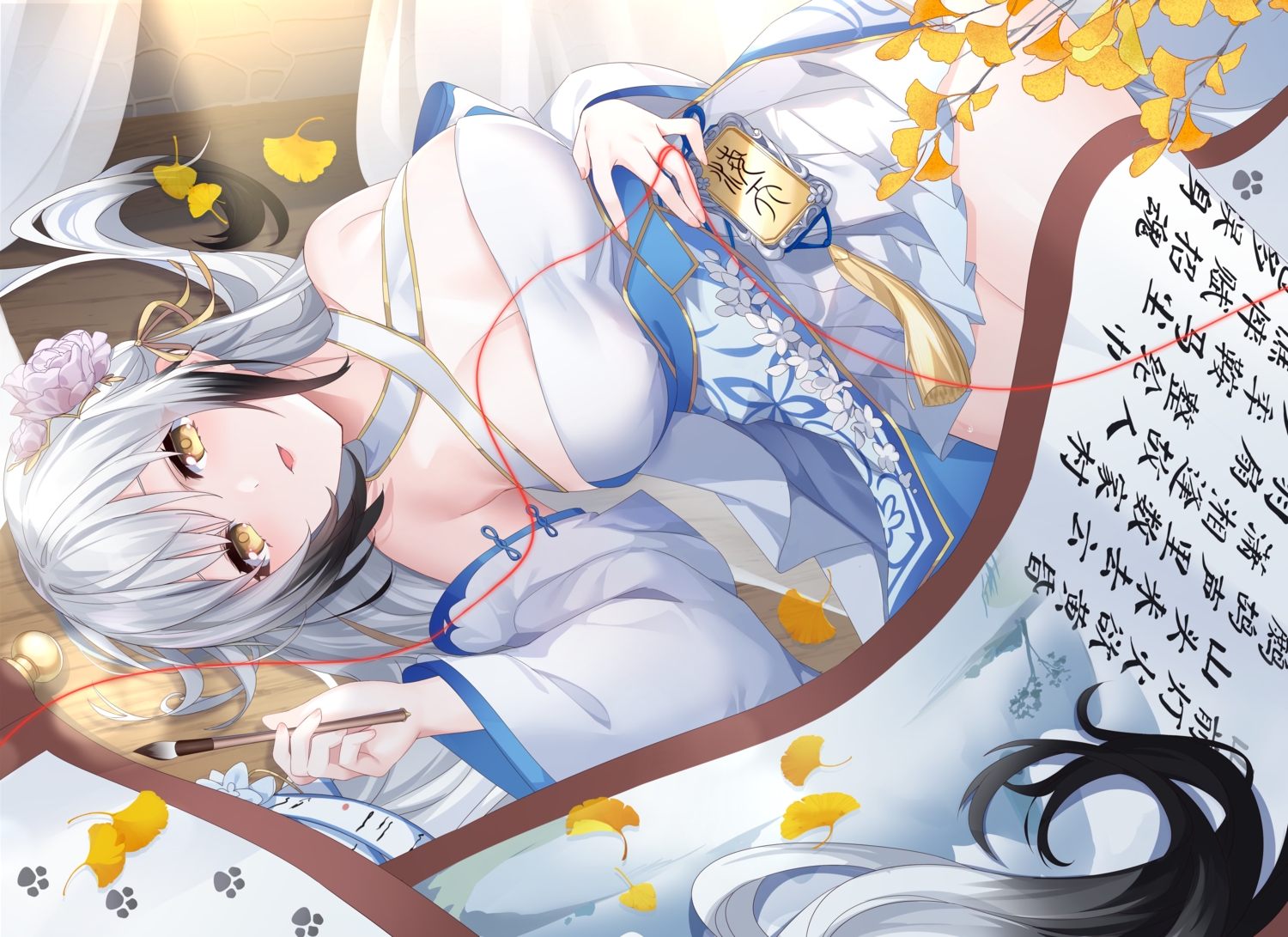 anthropomorphism, azur_lane, breasts, chinese_clothes, cleavage, gray_hair, hai_tien_(azur_lane), leaves