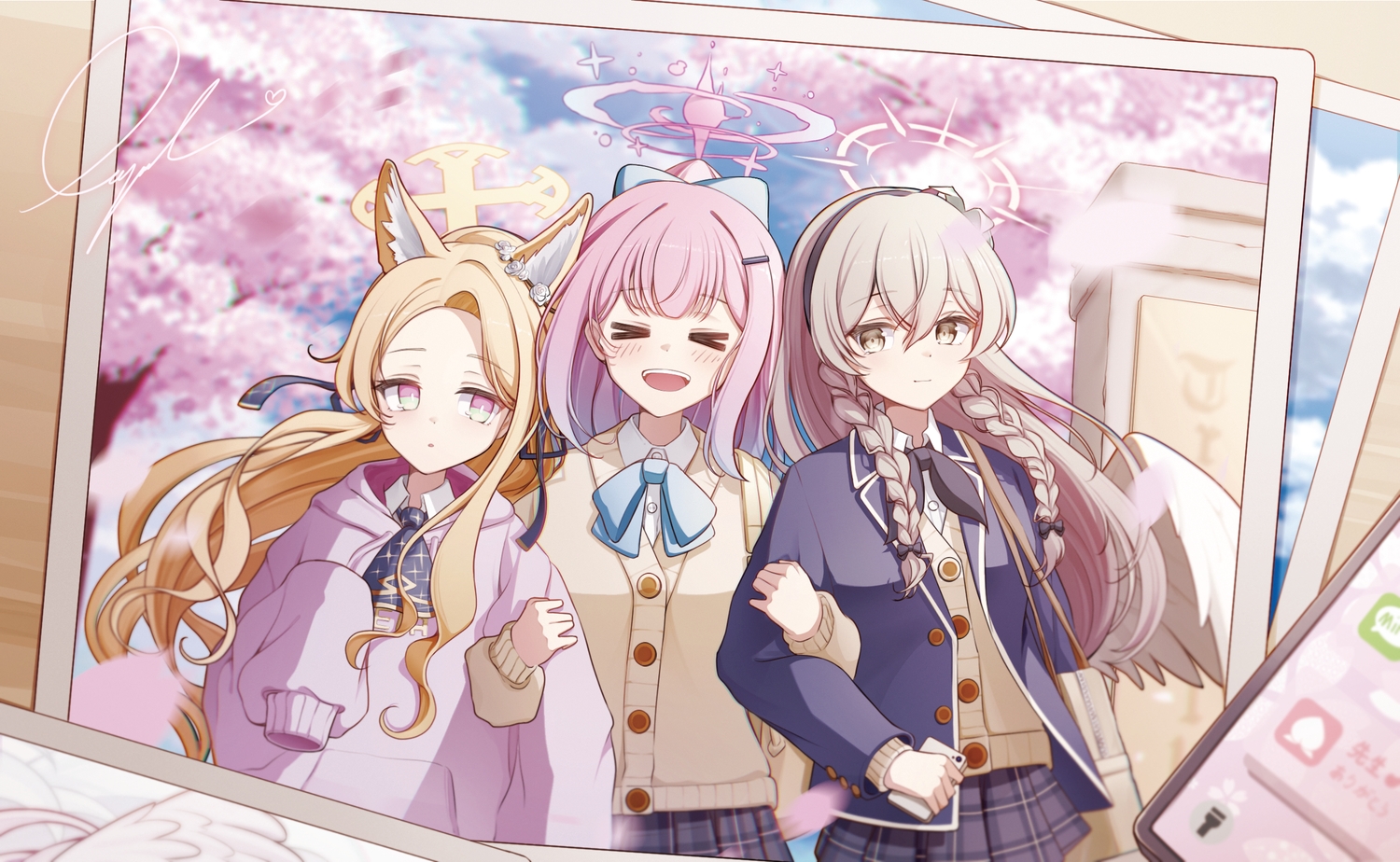 animal_ears, blonde_hair, blue_archive, blush, bow, braids, brown_eyes, brown_hair