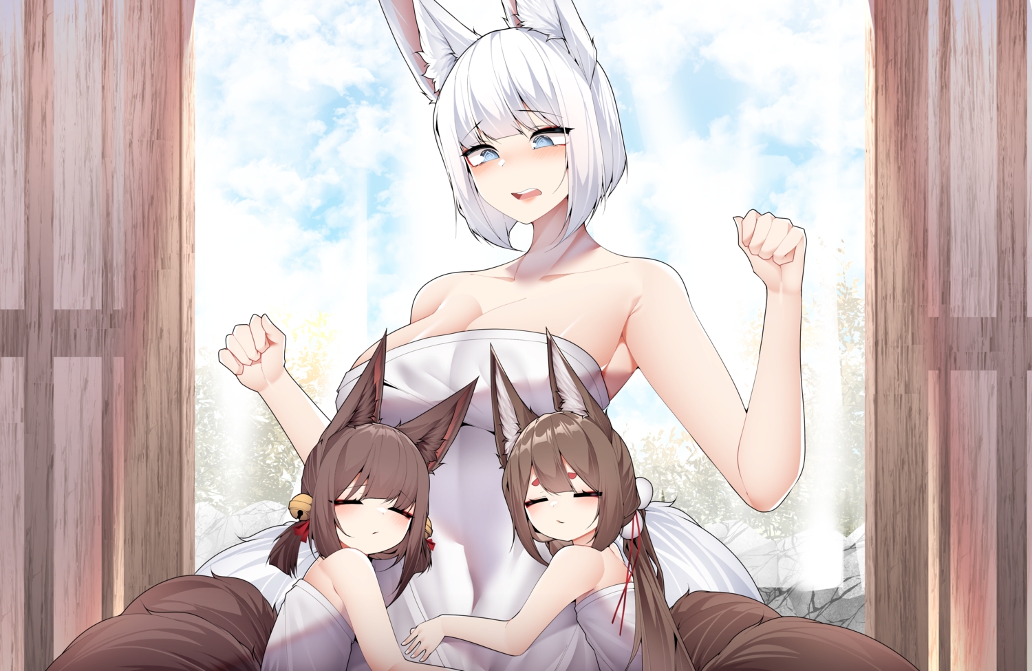 akagi-chan_(azur_lane), aliasing, amagi-chan_(azur_lane), animal_ears, anthropomorphism, azur_lane, bell, blue_eyes, blush, breasts, brown_hair, cleavage, clouds, foxgirl, hug, kaga_(azur_lane), loli, long_hair, multiple_tails, nude, samip, short_hair, sky, tail, towel, tree, white_hair
