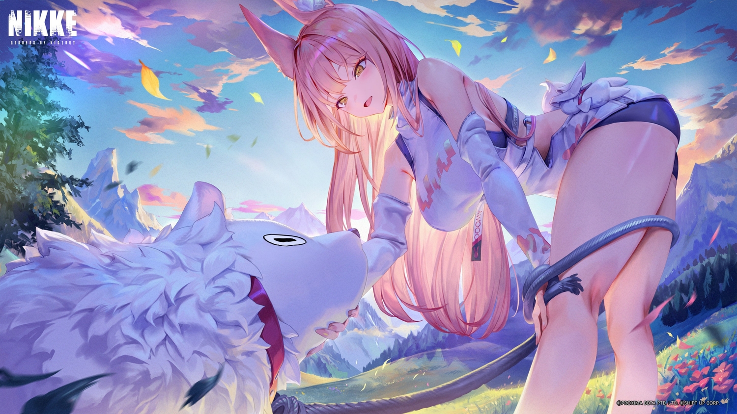 animal, animal_ears, bra, breasts, clouds, collar, doll, flowers, gesoking, goddess_of_victory:_nikke, grass, leona_(nikke), lion, logo, long_hair, petals, pink_hair, rope, shorts, sky, tail, timi_(nikke), tree, underwear, yellow_eyes