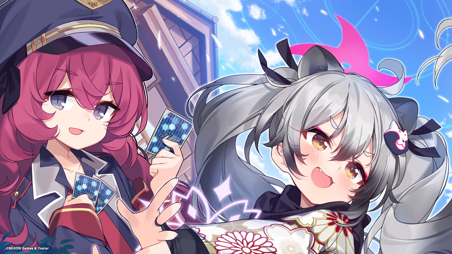 2girls, animal_ears, blue_archive, blue_eyes, blush, bow, brown_eyes, cat_smile