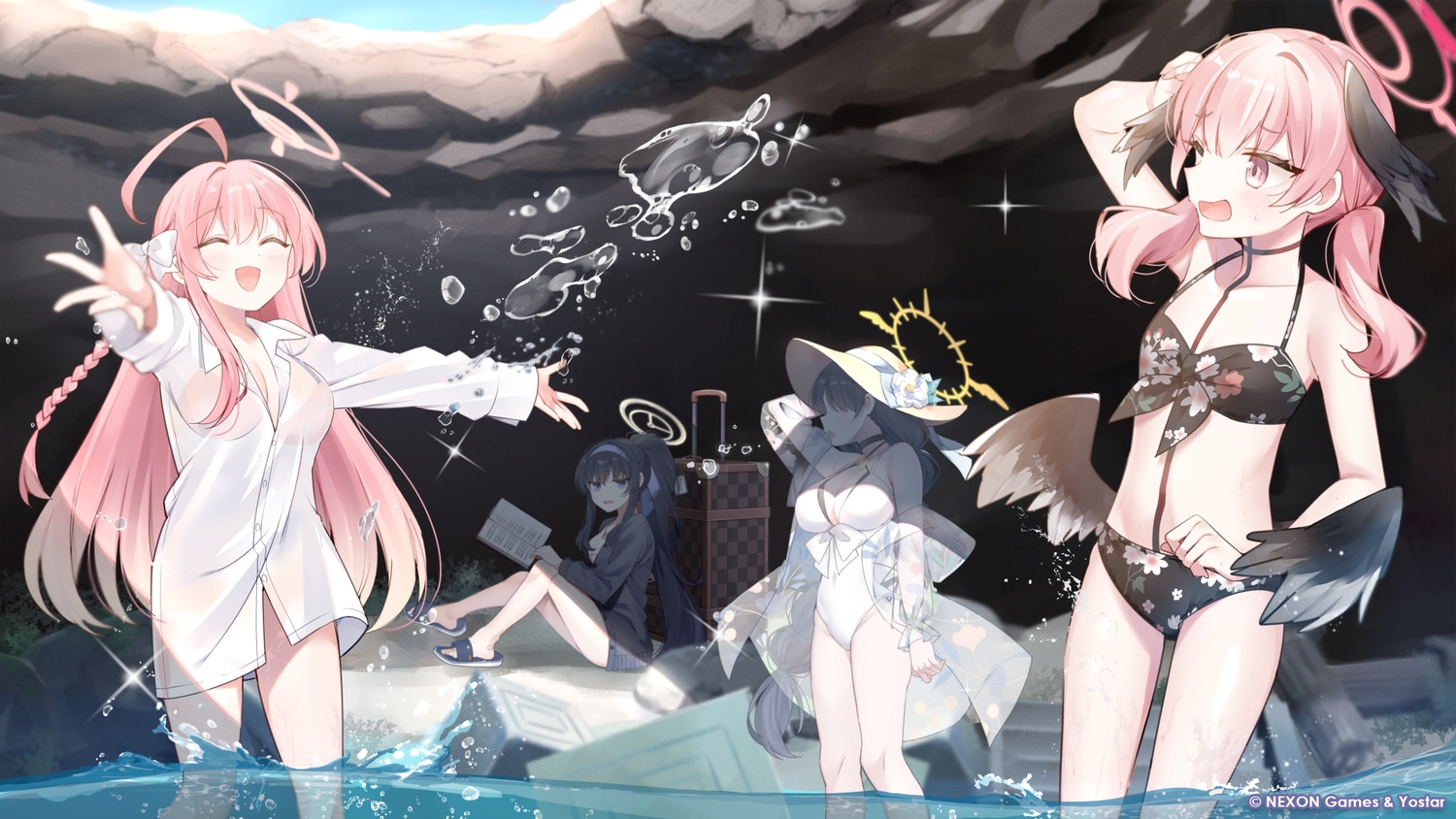 bikini, black_hair, blue_archive, blush, book, braids, breasts, cleavage, flat_chest, group, halo, hamaji_aki, hat, kozeki_ui, long_hair, pink_hair, ponytail, shade, shimoe_koharu, shirt, sky, swimsuit, urawa_hanako, wakaba_hinata, water, watermark, wings