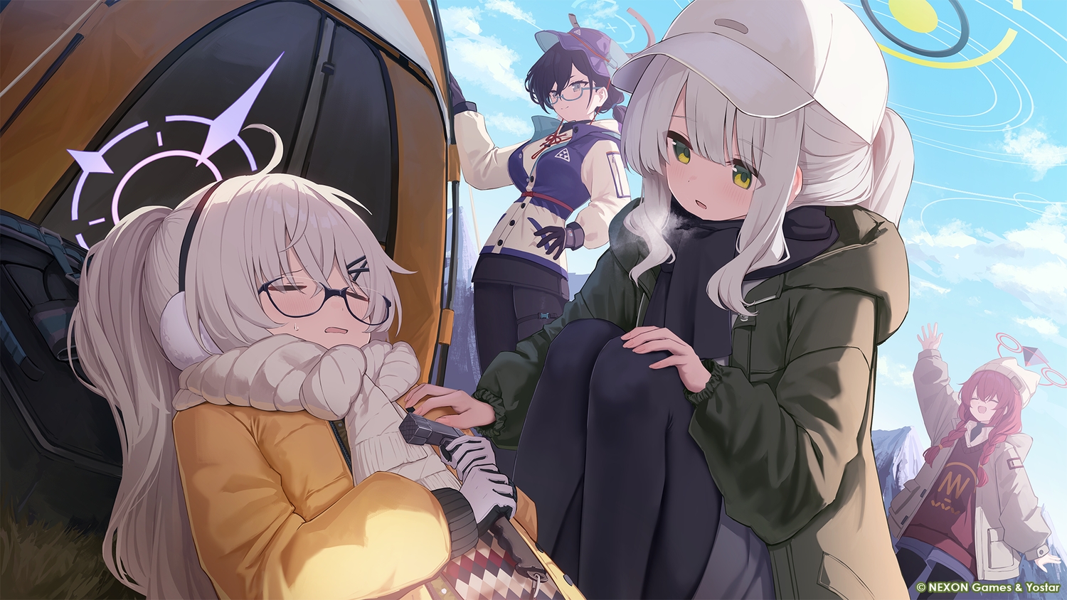 black_hair, blue_archive, blush, braids, clouds, earmuffs, garter, glasses