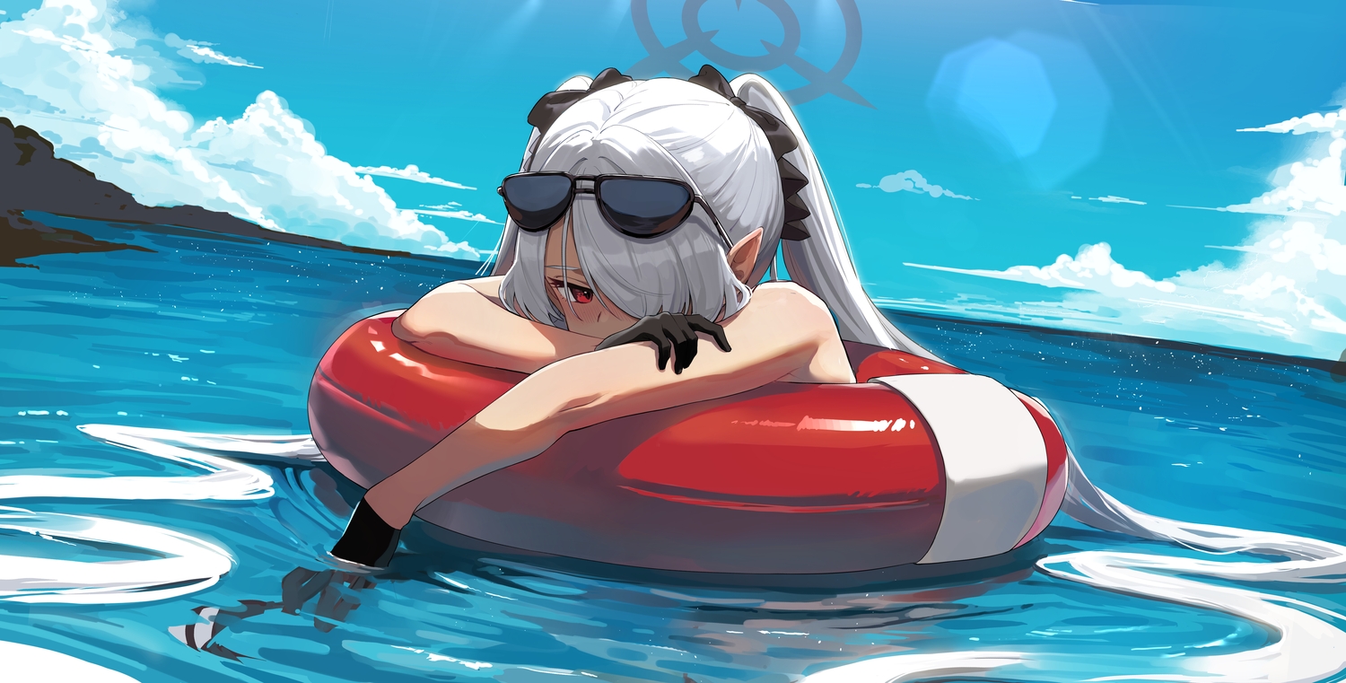 bada_(jksh5056), blue_archive, blush, clouds, dark_skin, gloves, gray_hair, halo