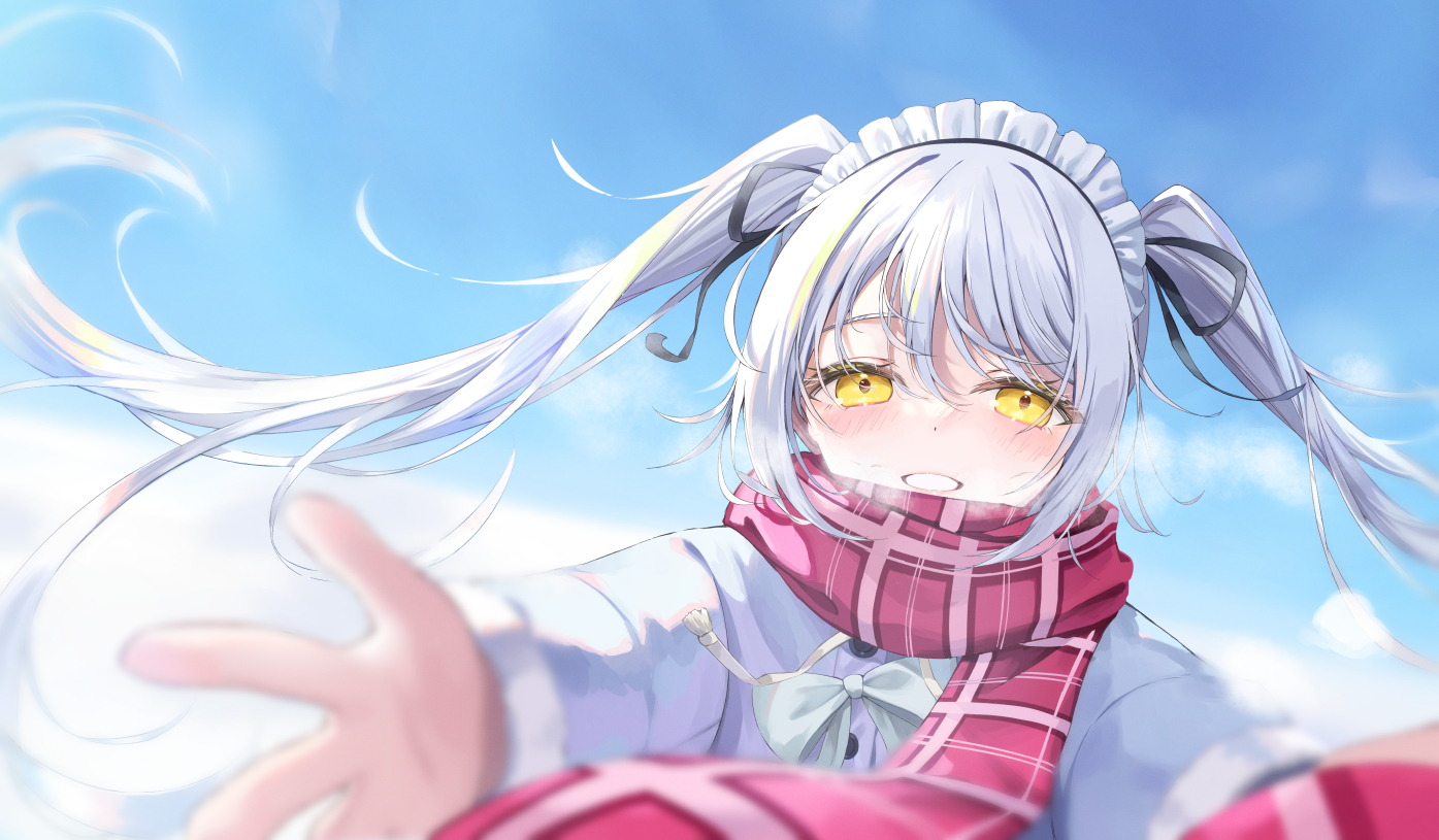 akie_(44265104), aliasing, blush, bow, close, clouds, headdress, long_hair