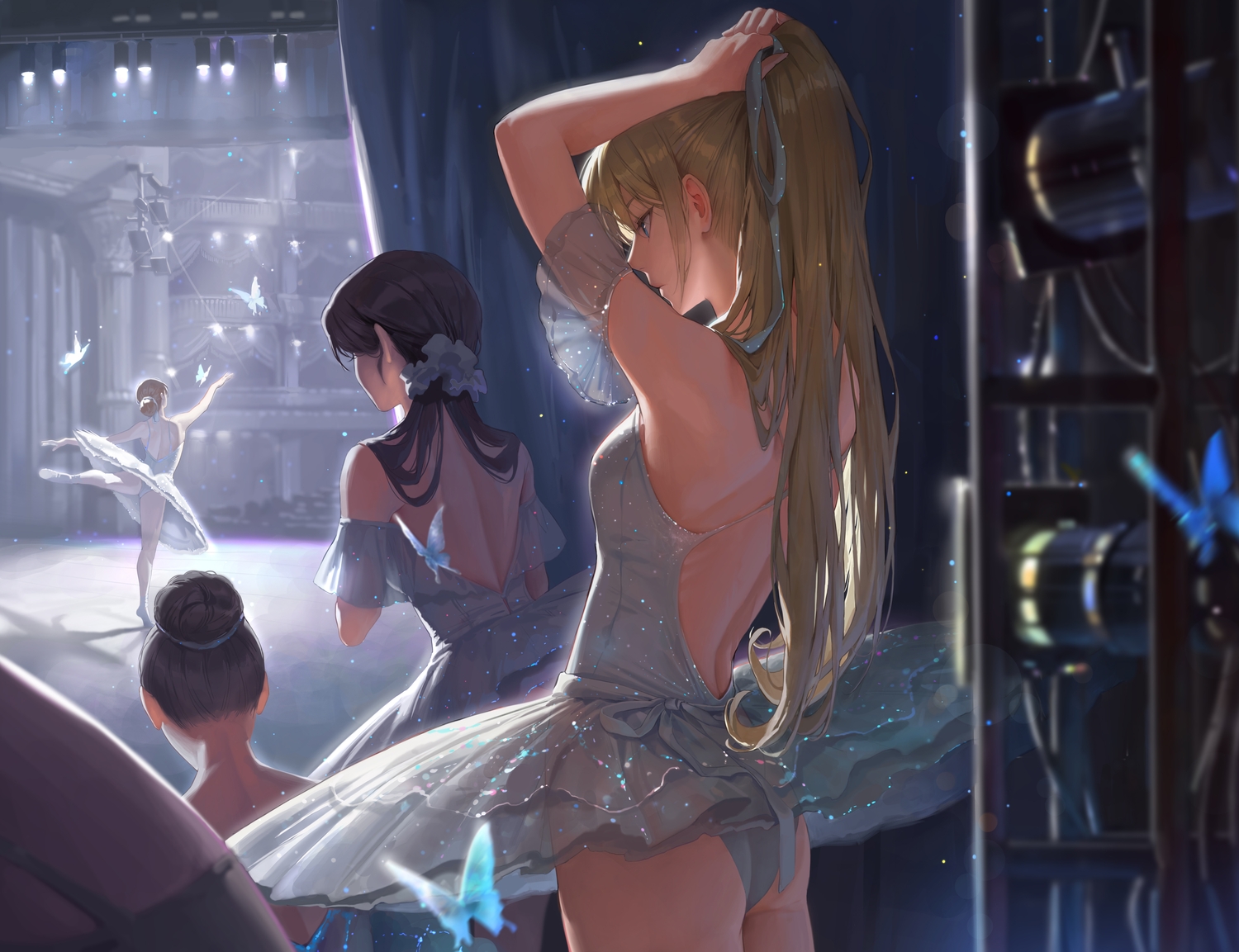 ass, bangsom, black_hair, blonde_hair, blue_eyes, butterfly, leotard, long_hair