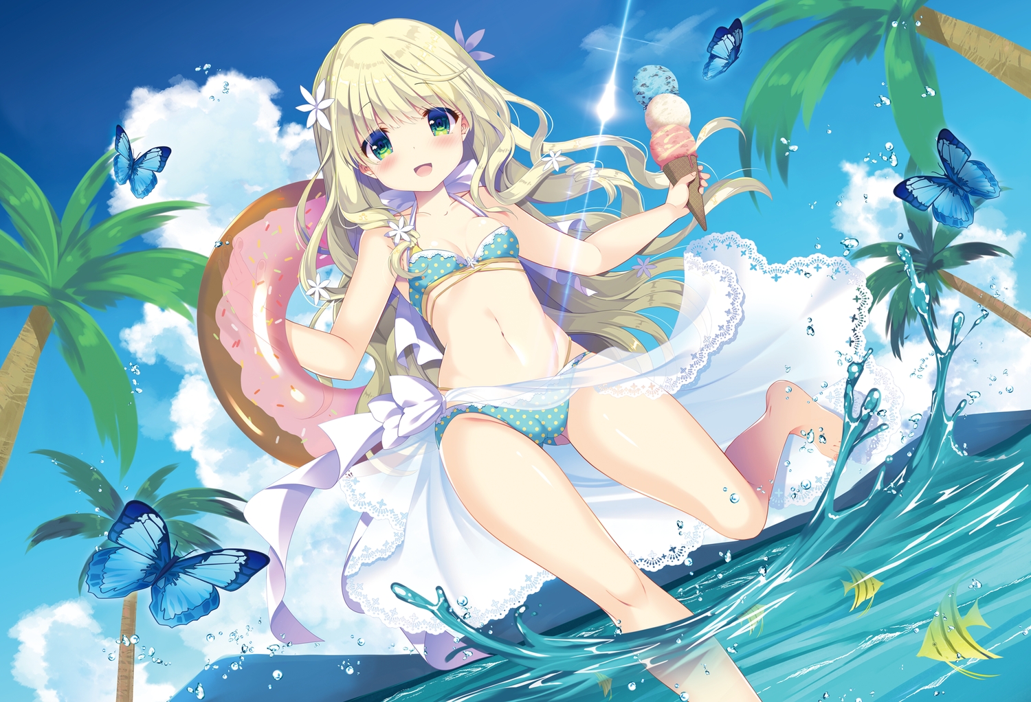 animal, bikini, blonde_hair, blush, butterfly, cameltoe, clouds, fish