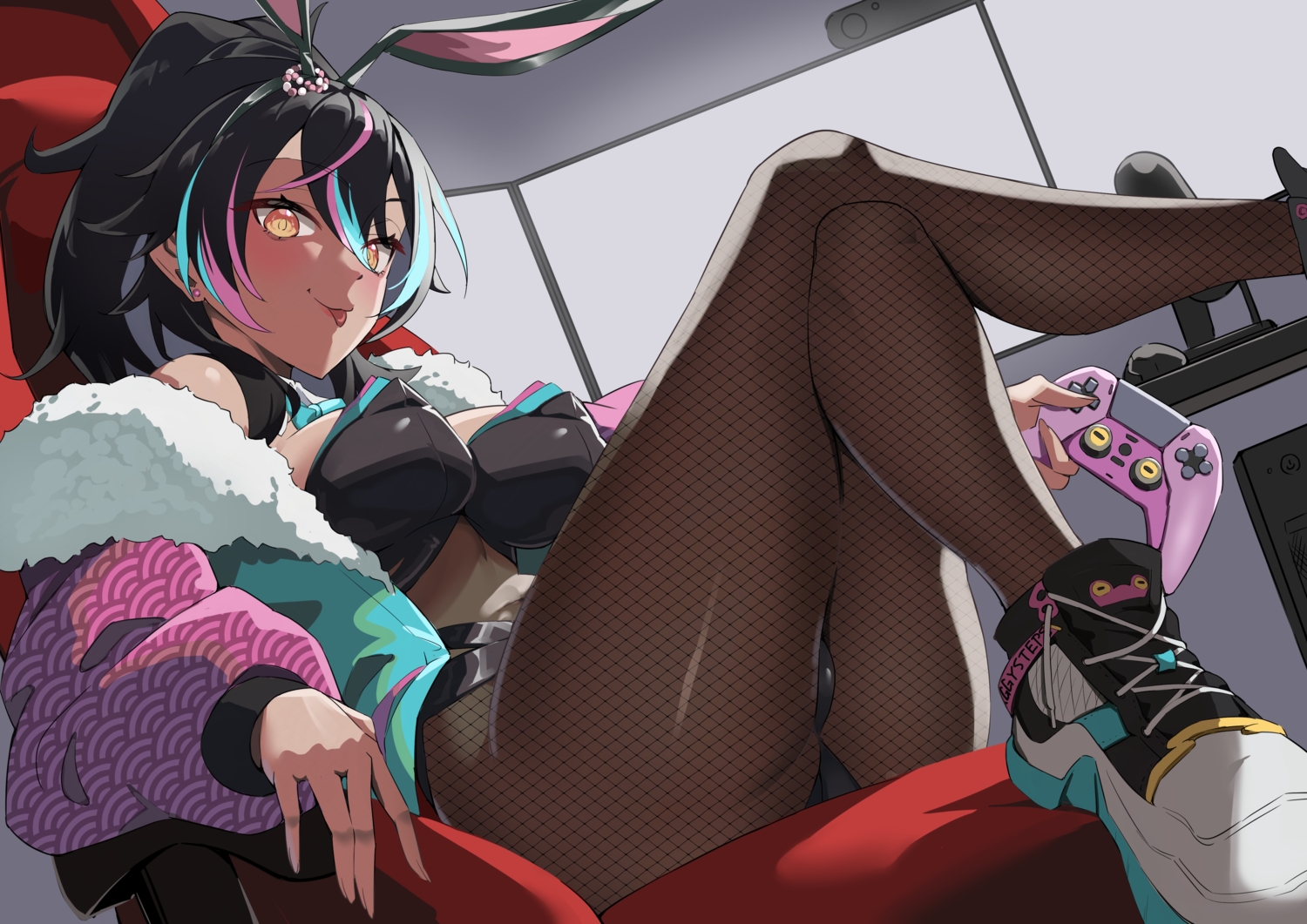 animal_ears, black_hair, blush, breasts, dark_skin, game_console, hood, leotard