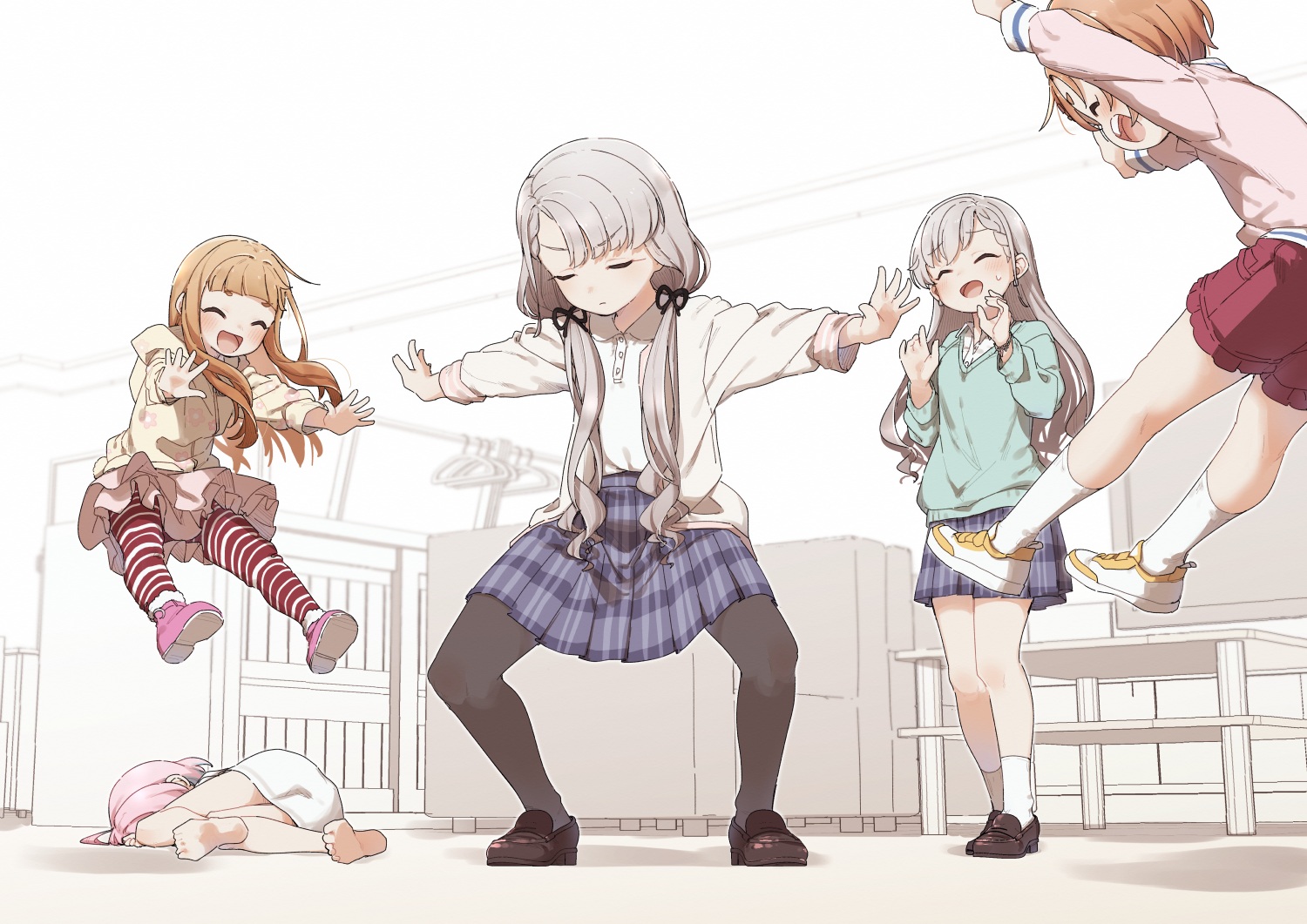 barefoot, blonde_hair, blush, bow, braids, dress, gray_hair, hisakawa_hayate