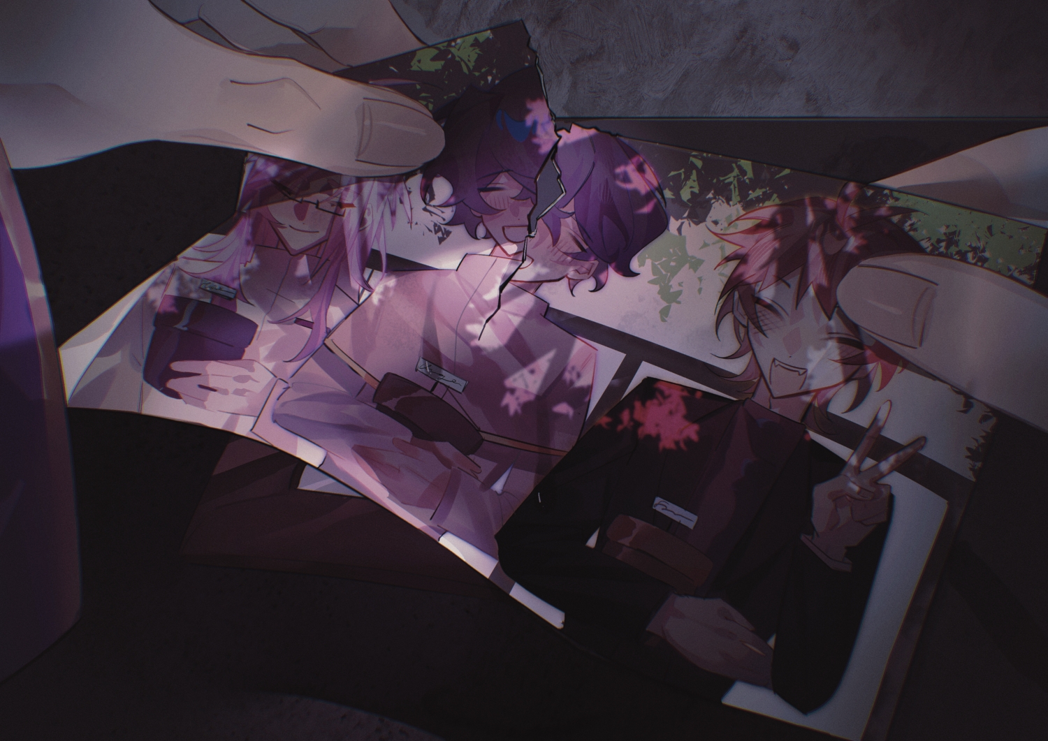 all_male, blush, dark, fang, harada_minoru, hatsutori_hajime, male, pink_hair, purple_hair, red_hair, saibou_shinkyoku, short_hair, tree, utsugi_noriyuki, yanfeng684