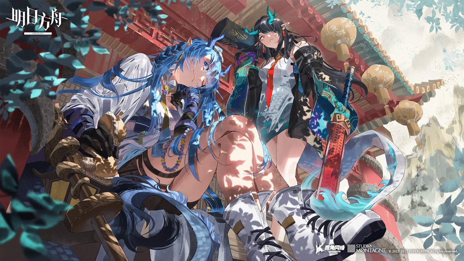 arknights, black_hair, blue_eyes, blue_hair, braids, building, dress, dusk_(arknights)