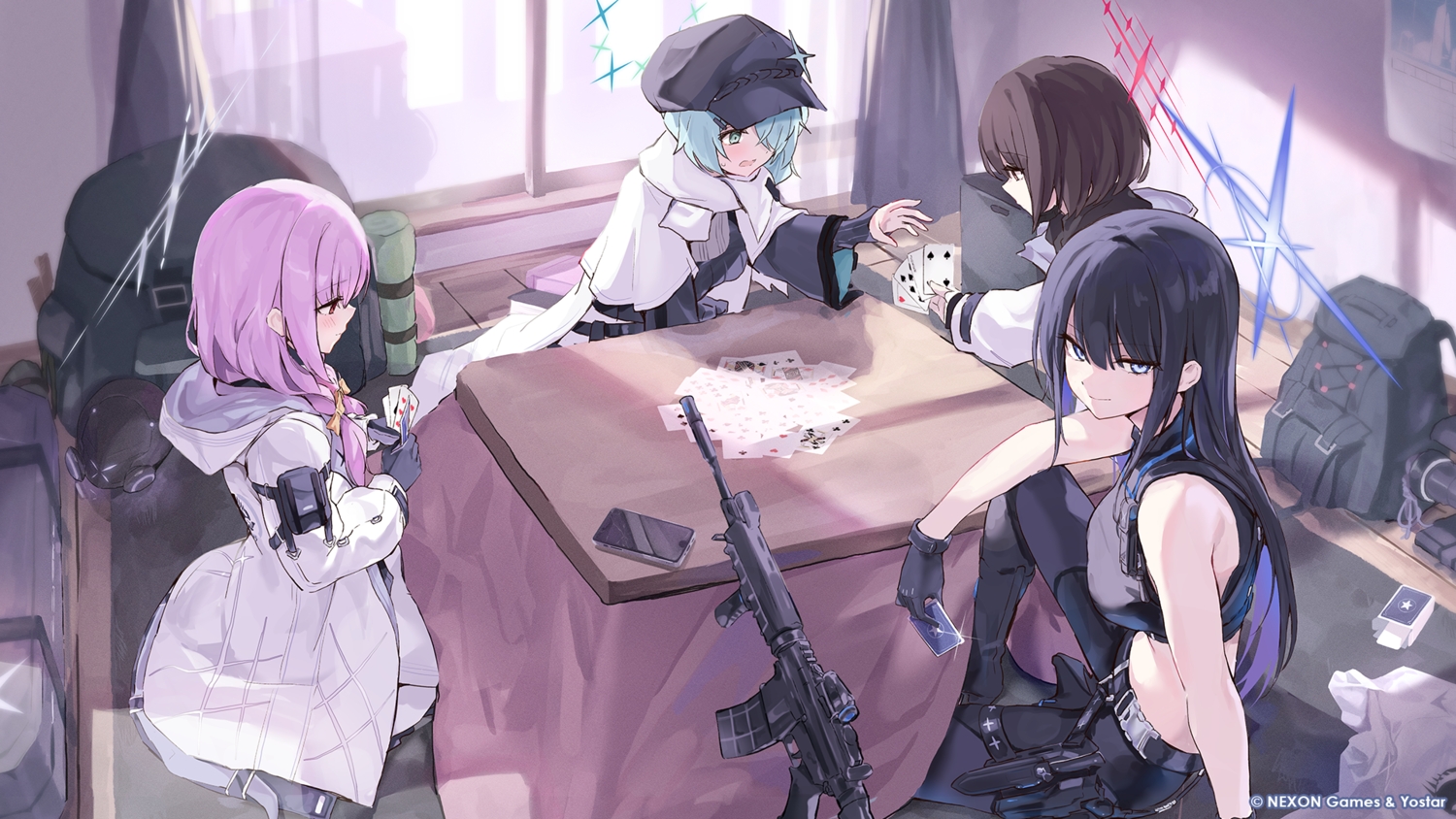 aqua_hair, black_hair, blue_archive, blue_eyes, blush, braids, brown_eyes, brown_hair