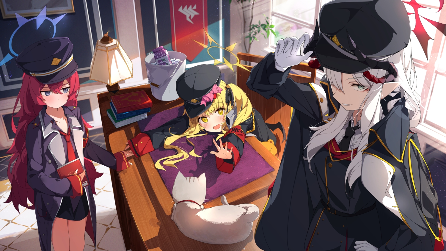 animal, blonde_hair, blue_archive, blue_eyes, blush, book, cat, drink