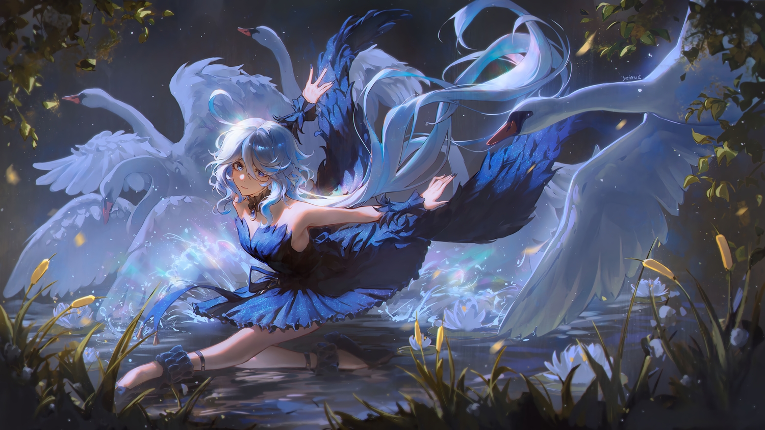 animal, bicolored_eyes, bird, blue_eyes, choker, dress, flowers, furina_(genshin_impact), genshin_impact, grass, long_hair, night, petals, signed, sky, stars, tree, water, white_hair, wristwear, zieru