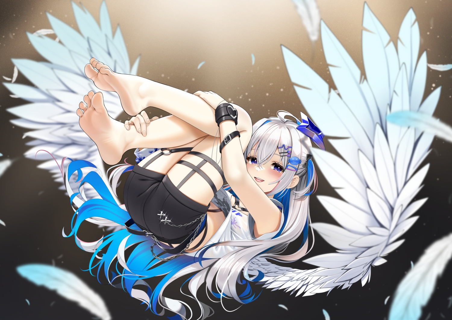 amane_kanata, angel, ass, barefoot, blush, bow, casino_(casinoep), chain