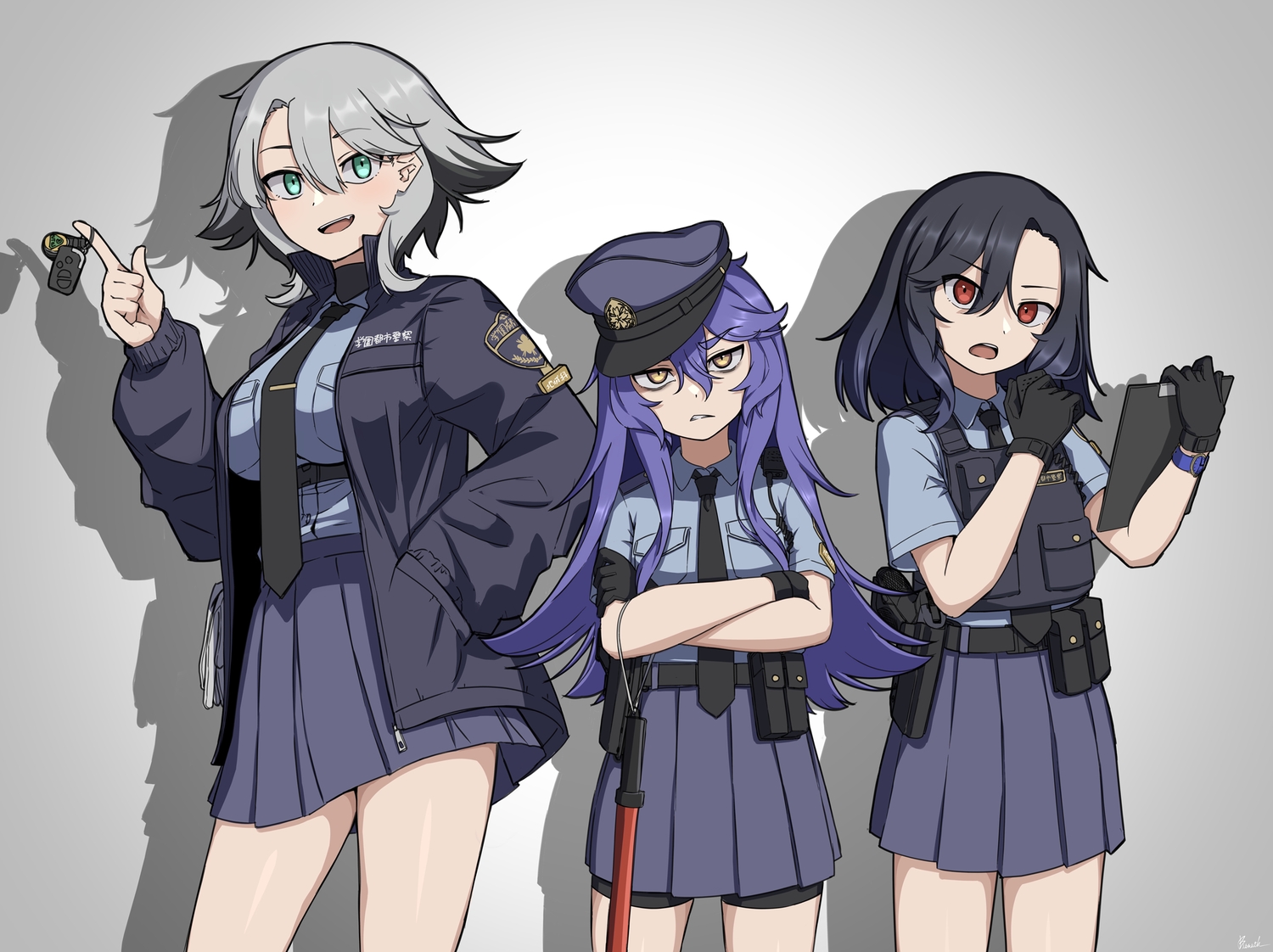 armor, bike_shorts, black_hair, fang, gloves, gray_hair, green_eyes, gun