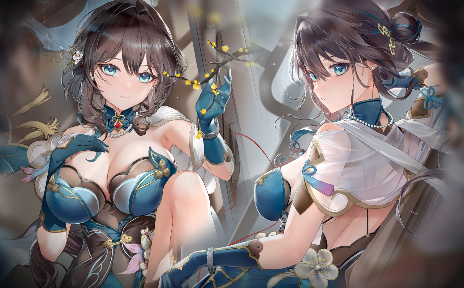 aqua_eyes, au11, breast_hold, breasts, brown_hair, cape, chinese_clothes, cleavage, elbow_gloves, flowers, gloves, honkai_(series), honkai:_star_rail, necklace, ruan_mei_(honkai:_star_rail), see_through, wristwear