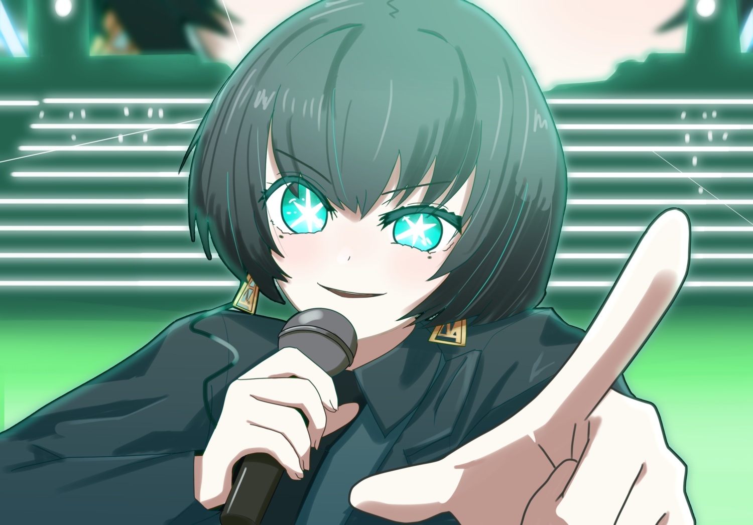 akibakotank, allmind_(armored_core_6), armored_core, armored_core_6, black_hair, close, green, green_eyes, microphone, oshi_no_ko, shirt, short_hair, tie