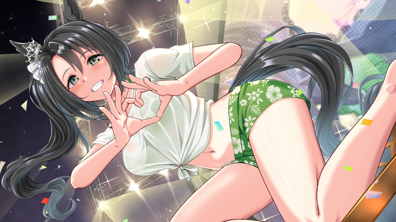 aliasing, animal_ears, anthropomorphism, barefoot, bikini_top, black_hair, crown, fang