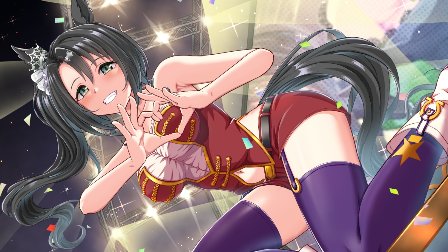 aliasing, animal_ears, anthropomorphism, black_hair, boots, crown, fang, garter_belt