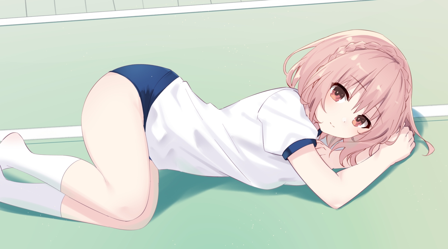 bloomers, braids, date_a_live, gym_uniform, kneehighs, mo_(pixiv9929995), pink_hair, red_eyes