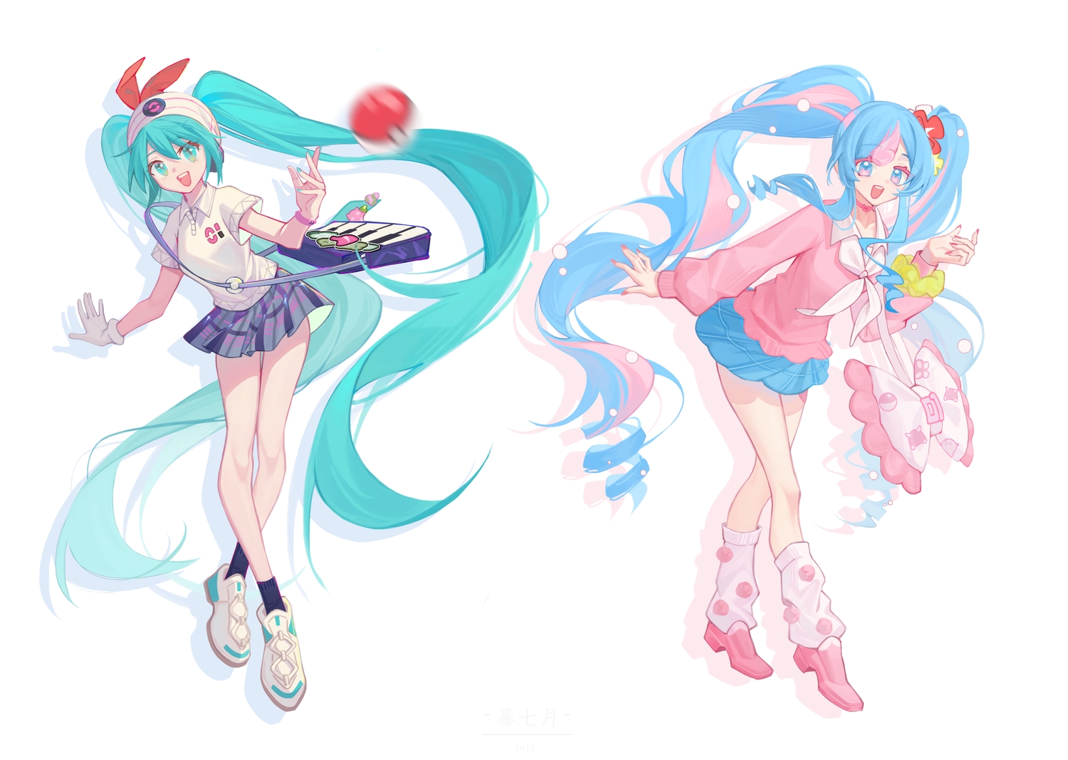2girls, aqua_eyes, aqua_hair, ball, blue_eyes, blue_hair, bow, choker