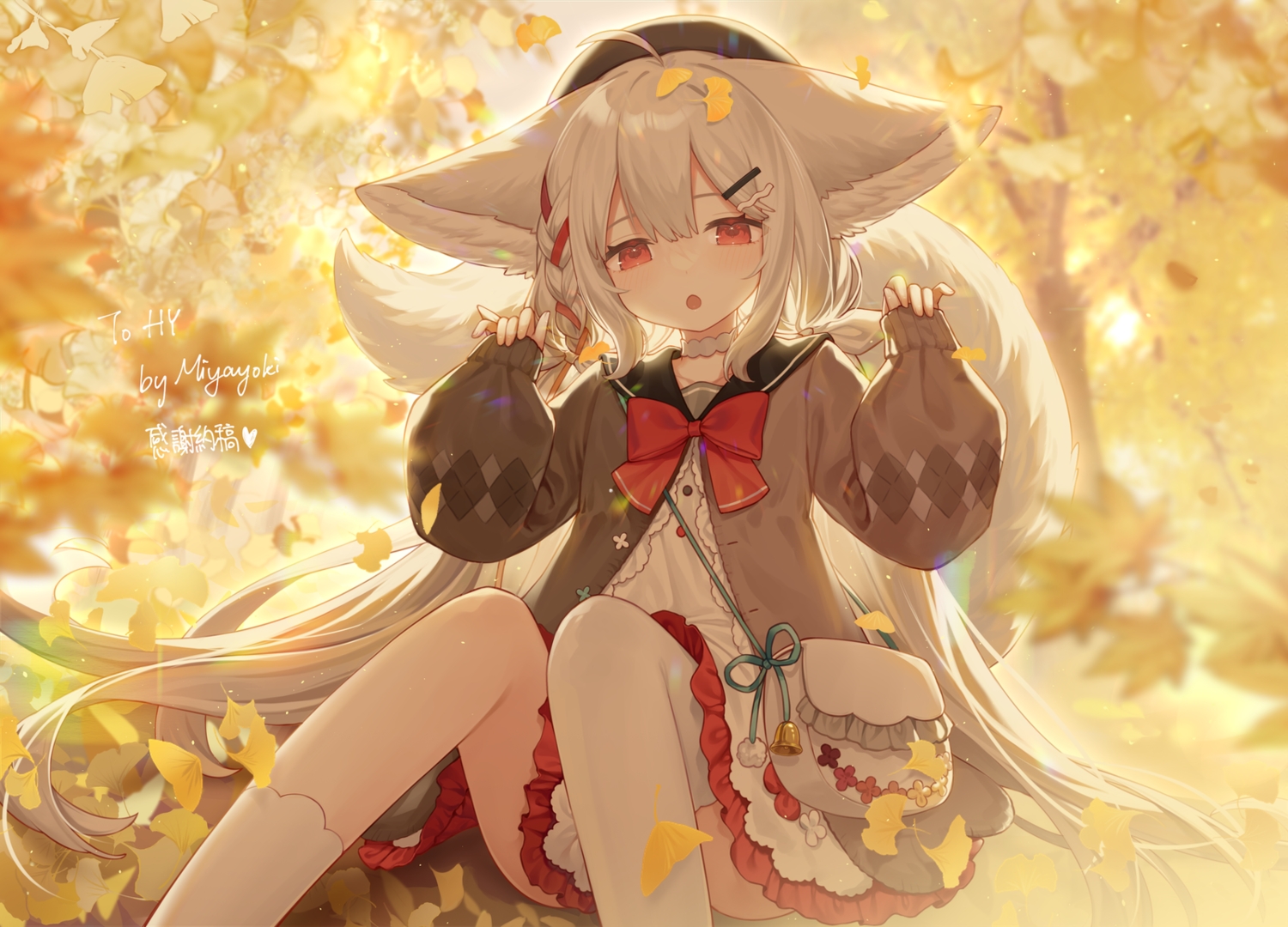 animal_ears, autumn, blush, bow, braids, choker, dress, foxgirl, gray_hair, hat, leaves, loli, long_hair, miyayoki, original, red_eyes, sakurada_shiro, signed, tail, thighhighs, tree