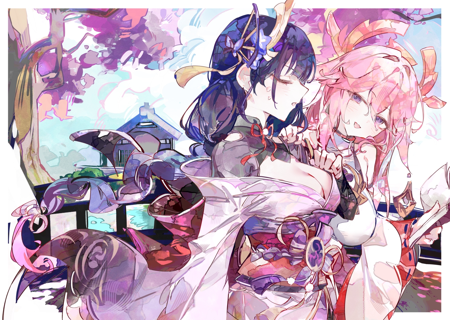 2girls, aliasing, blush, book, braids, breasts, building, cherry_blossoms