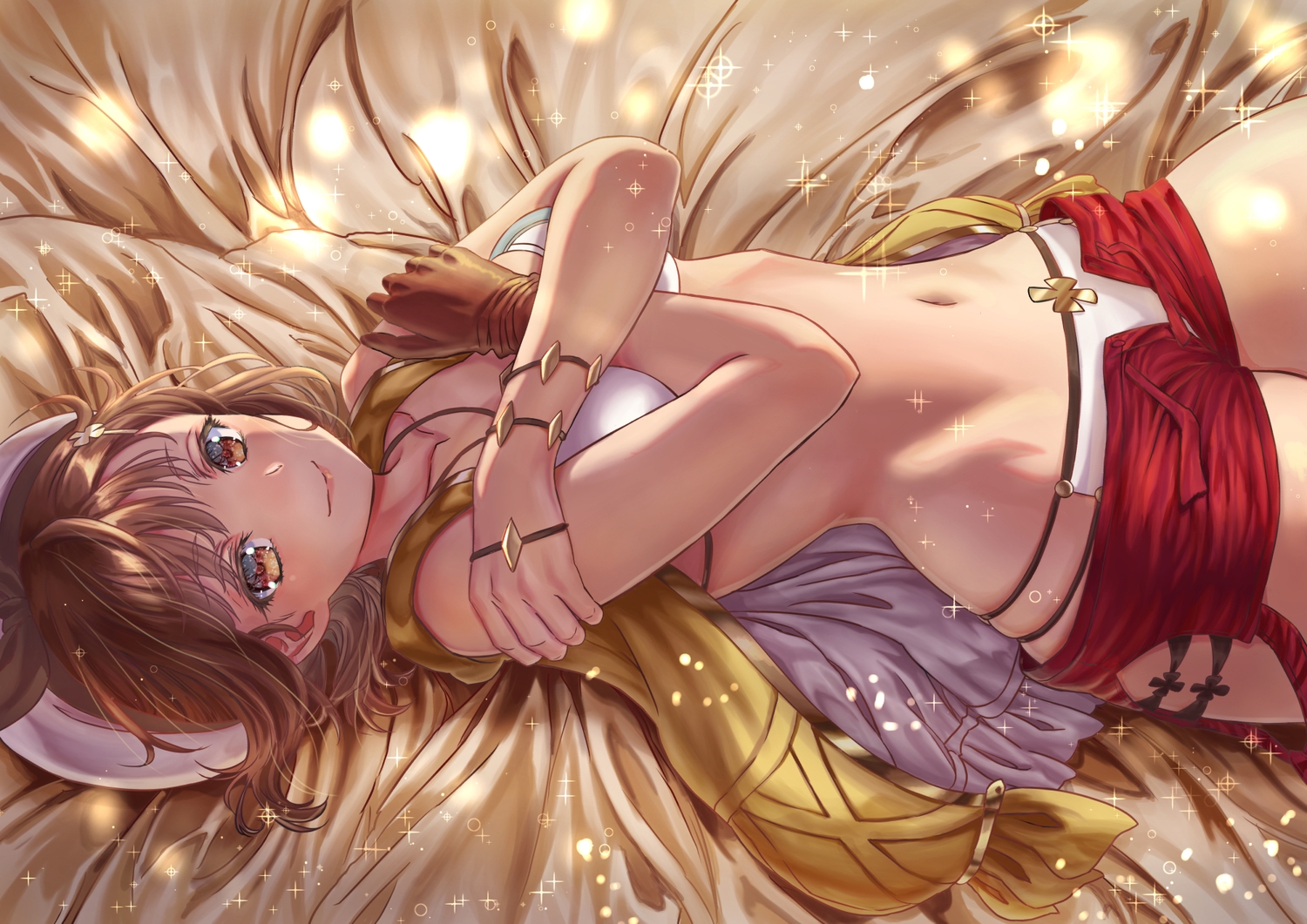 atelier, atelier_ryza, bikini, blush, breast_hold, breasts, brown_eyes, brown_hair