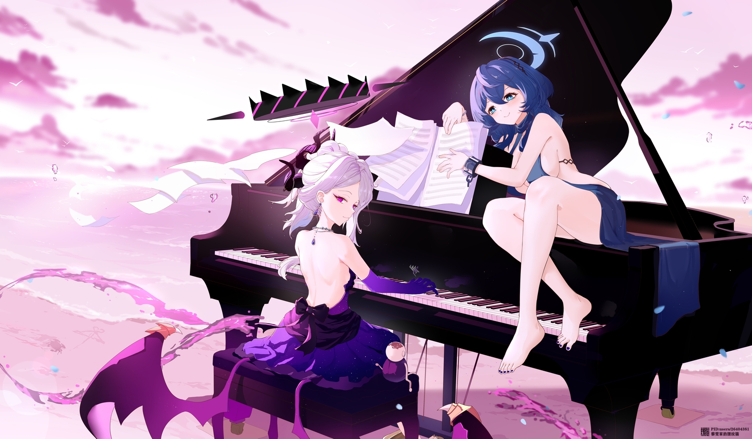 2girls, amau_ako, aqua_eyes, barefoot, beach, blue_archive, blue_hair, bow