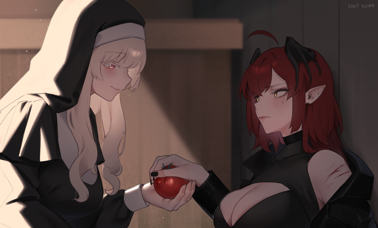 2girls, blonde_hair, blood, blush, breasts, cleavage, food, fruit, headdress, nun, original, pink_eyes, pointed_ears, red_hair, shade, signed, svet_yomi, vampire, yellow_eyes