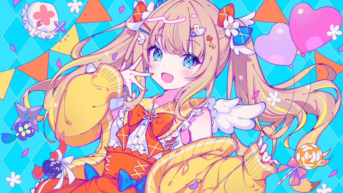 aqua_eyes, blush, bow, brown_hair, candy, corset, cyan, lollipop, long_hair, shirt, skirt, tatejima_uri, twintails, watamiya_ahiru, weapon, wings