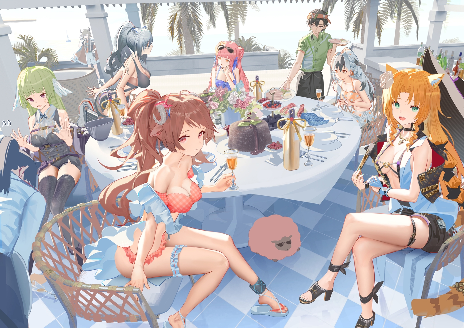 animal, animal_ears, arknights, bikini, bison_(arknights), black_hair, breasts, brown_hair