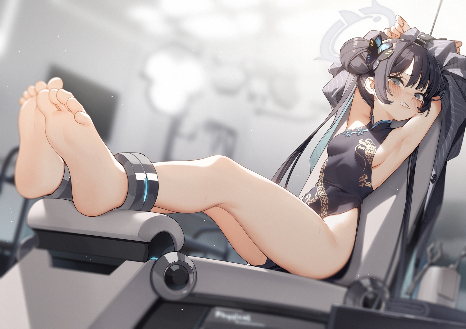 barefoot, black_hair, blue_archive, blush, bondage, breasts, chinese_clothes, chinese_dress, de_da_xianyu, dress, gray_eyes, halo, no_bra, nopan, ryuuge_kisaki, shackles, short_hair, sideboob, tears, twintails